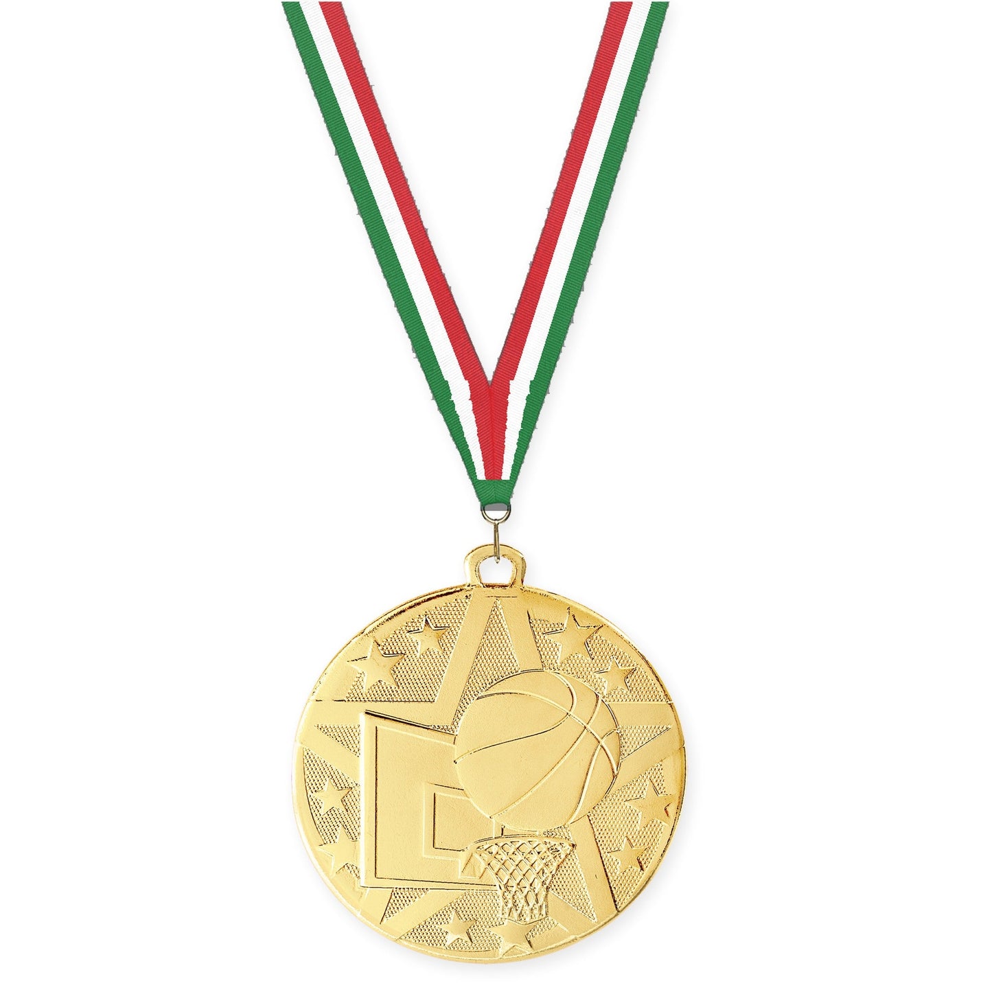 2 inch basketball Superstar medal in gold with Green White Red neck ribbon