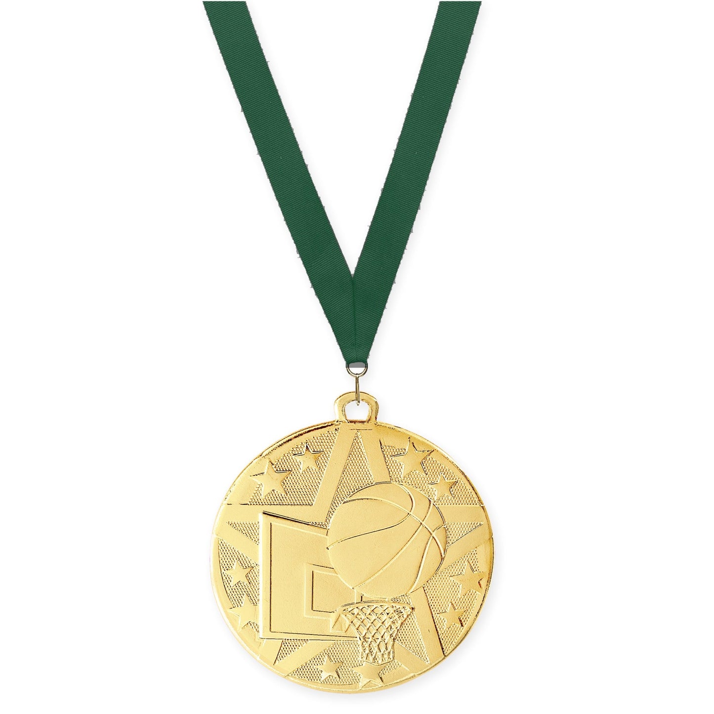 2 inch basketball Superstar medal in gold with Hunter Green neck ribbon