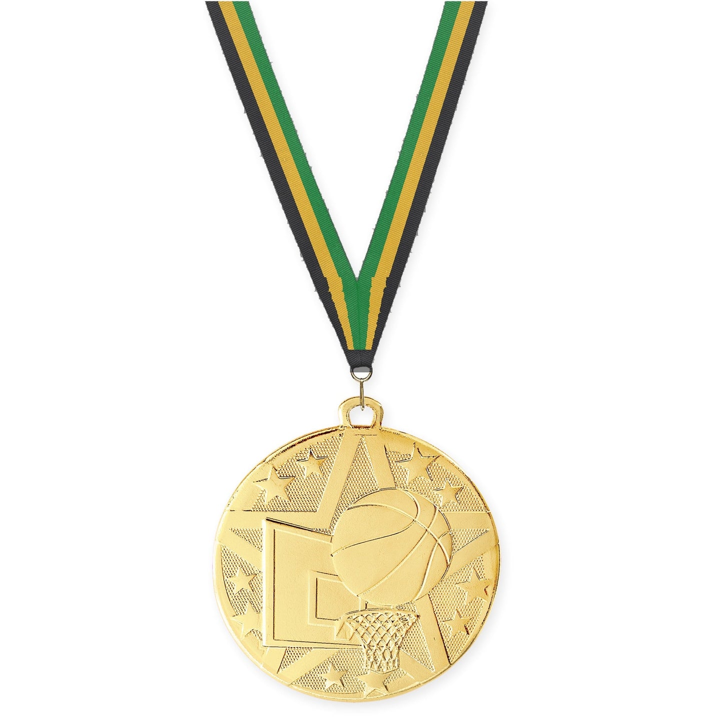 2 inch basketball Superstar medal in gold with Black Gold Green neck ribbon