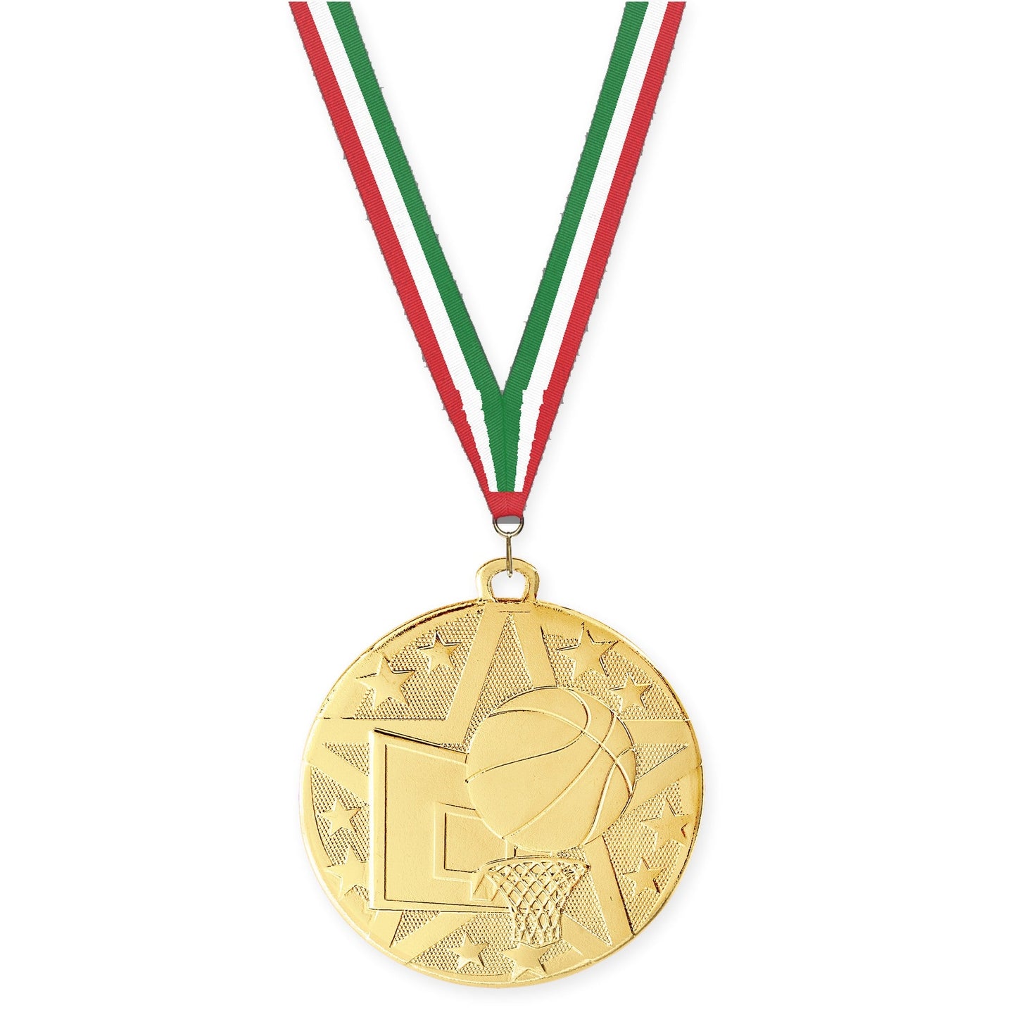 2 inch basketball Superstar medal in gold with Red White Green neck ribbon