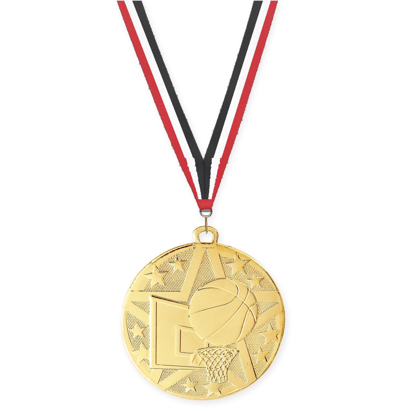 2 inch basketball Superstar medal in gold with Red White Black neck ribbon