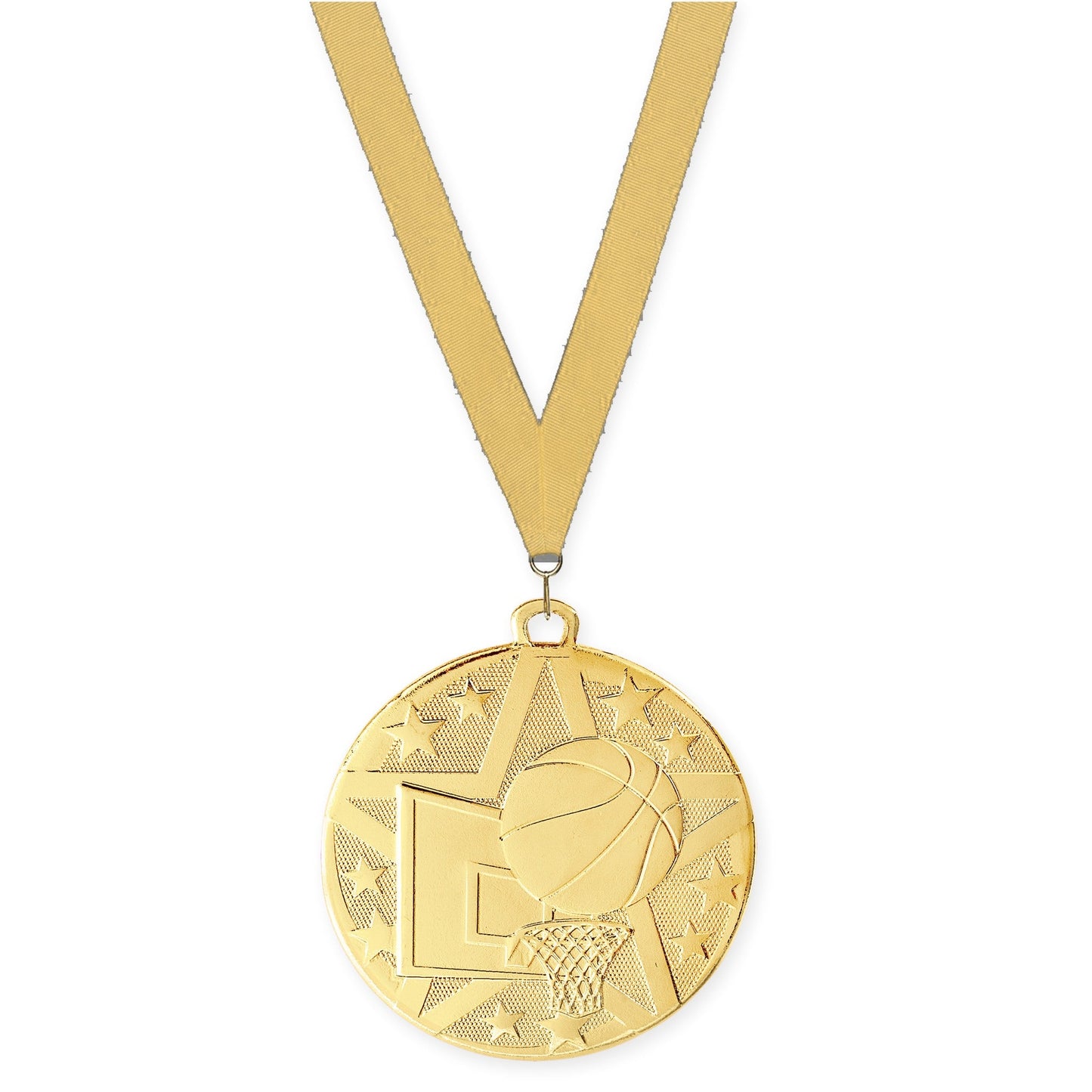 2 inch basketball Superstar medal in gold with Gold Metallic neck ribbon