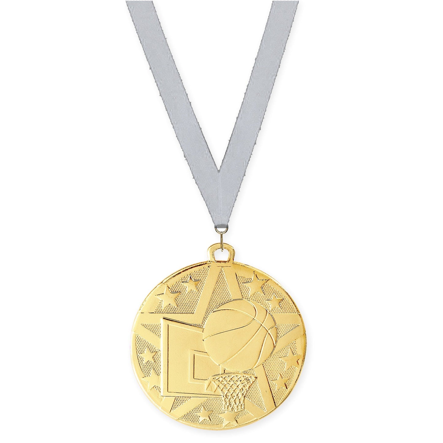 2 inch basketball Superstar medal in gold with Silver Metallic neck ribbon