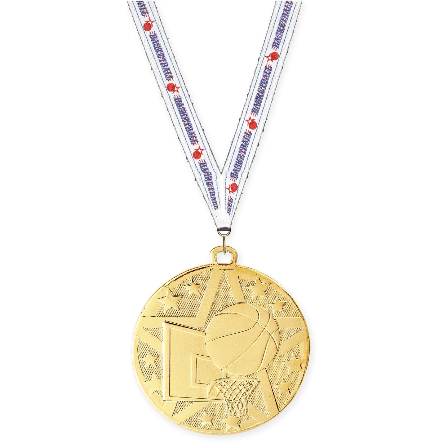 2 inch basketball Superstar medal in gold with Basketball neck ribbon