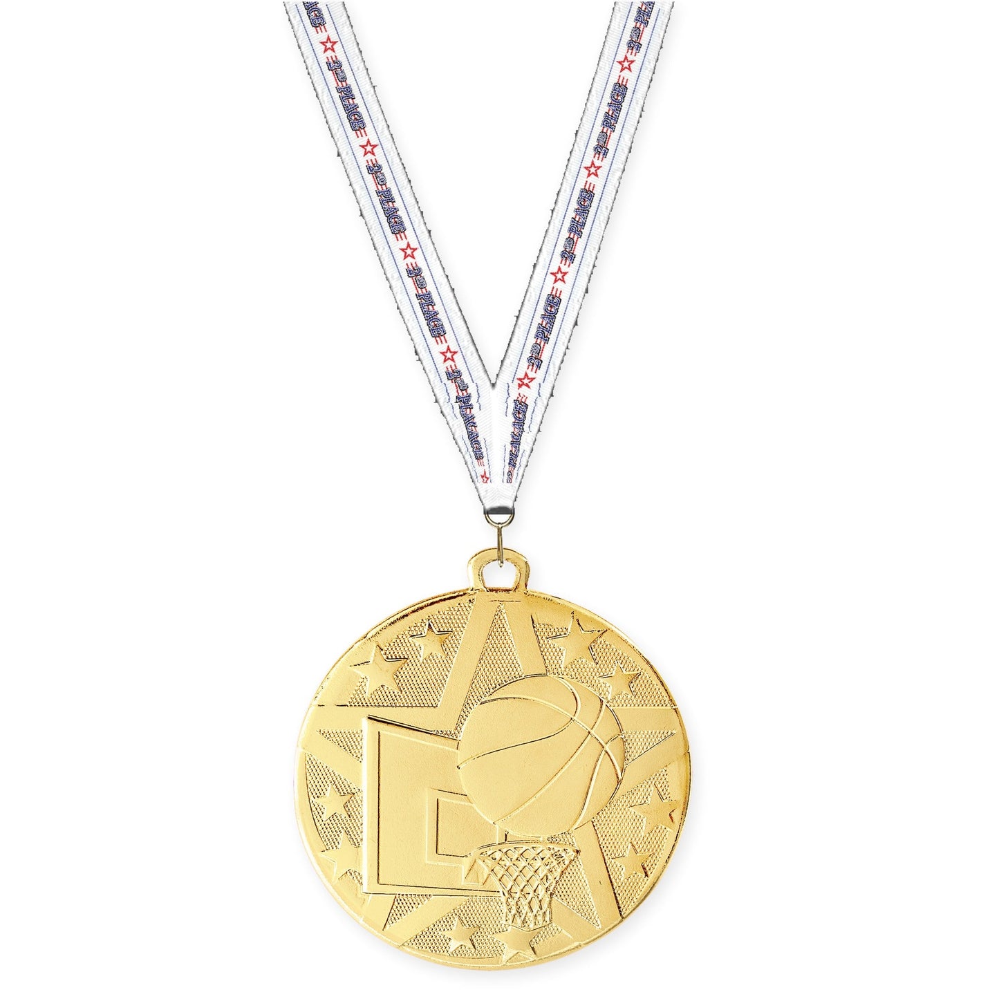 2 inch basketball Superstar medal in gold with 2nd Place neck ribbon