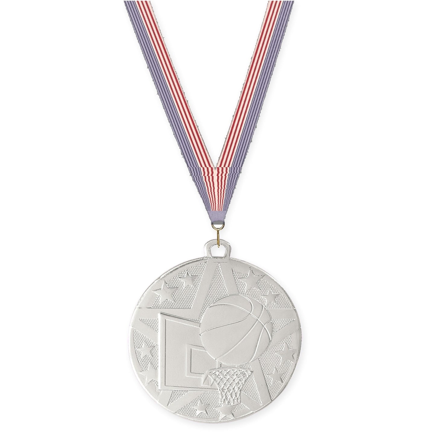 2 inch basketball Superstar medal in silver with USA Flag neck ribbon