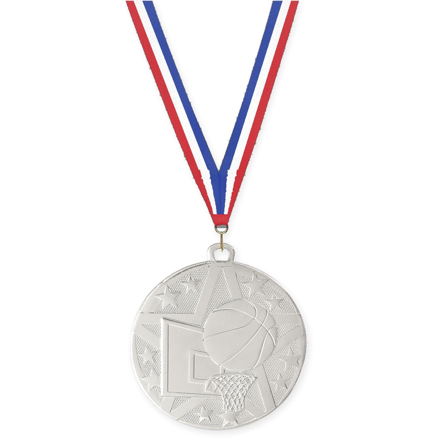 2 inch basketball Superstar medal in silver with Red White Blue neck ribbon
