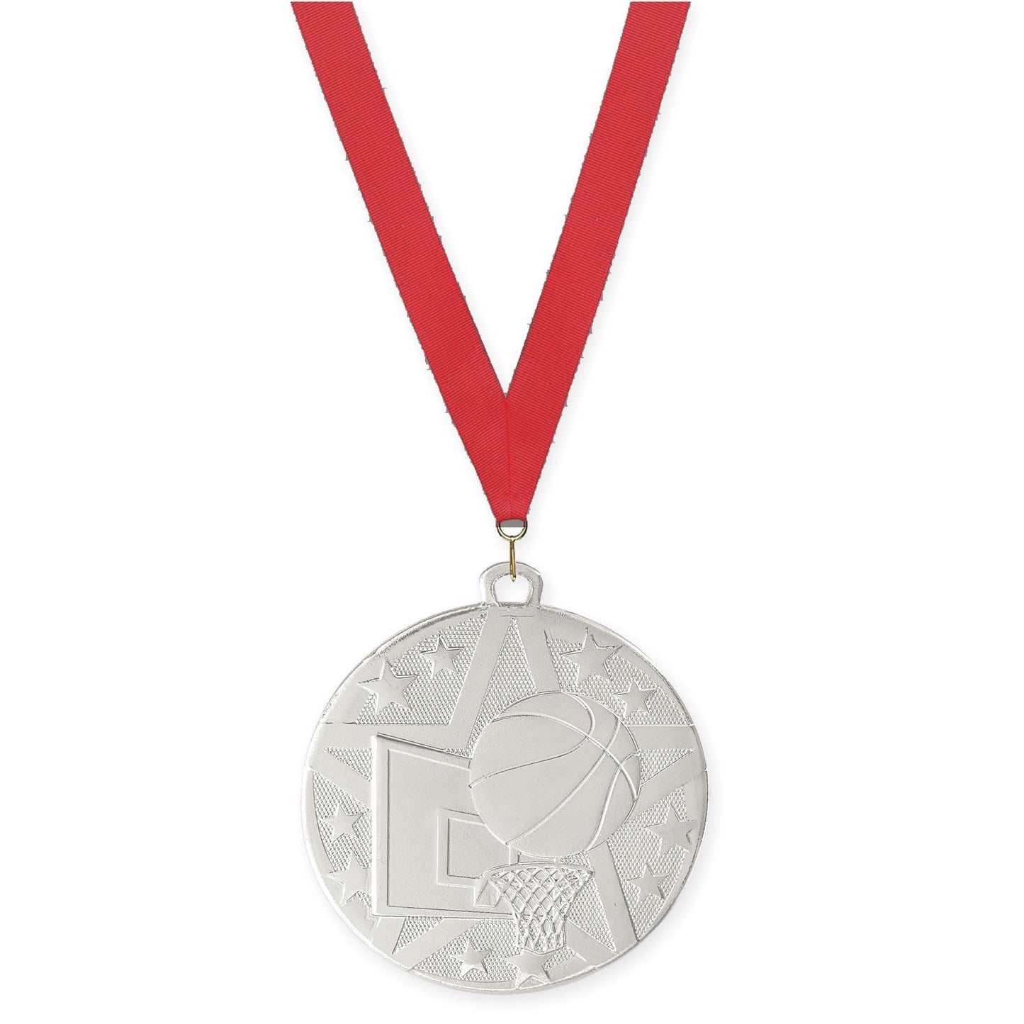 2 inch basketball Superstar medal in silver with Red neck ribbon