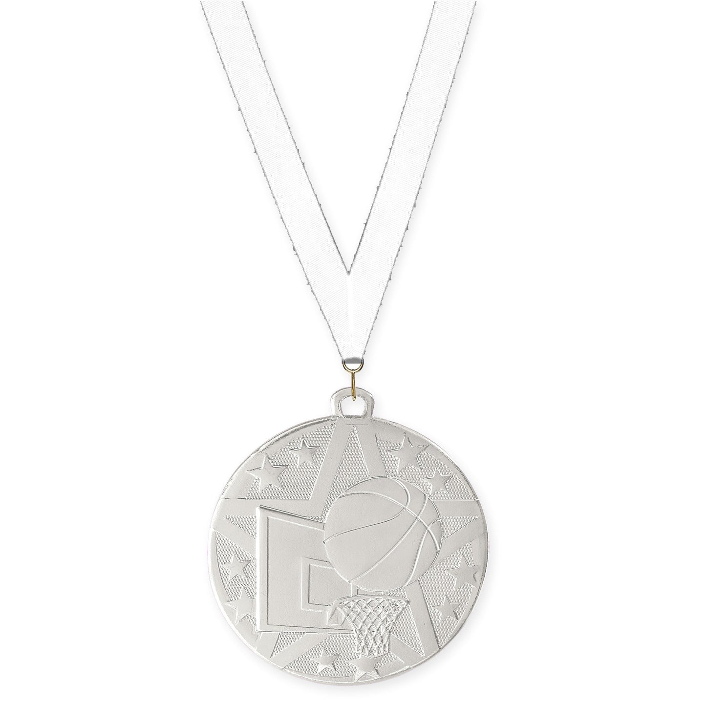 2 inch basketball Superstar medal in silver with White neck ribbon