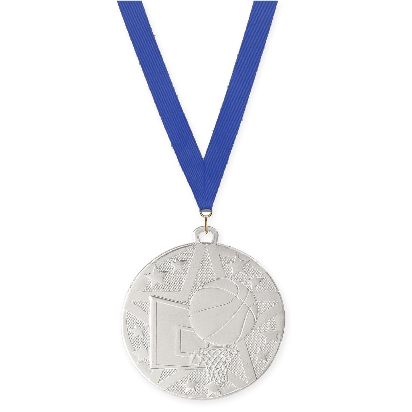 2 inch basketball Superstar medal in silver with Blue neck ribbon