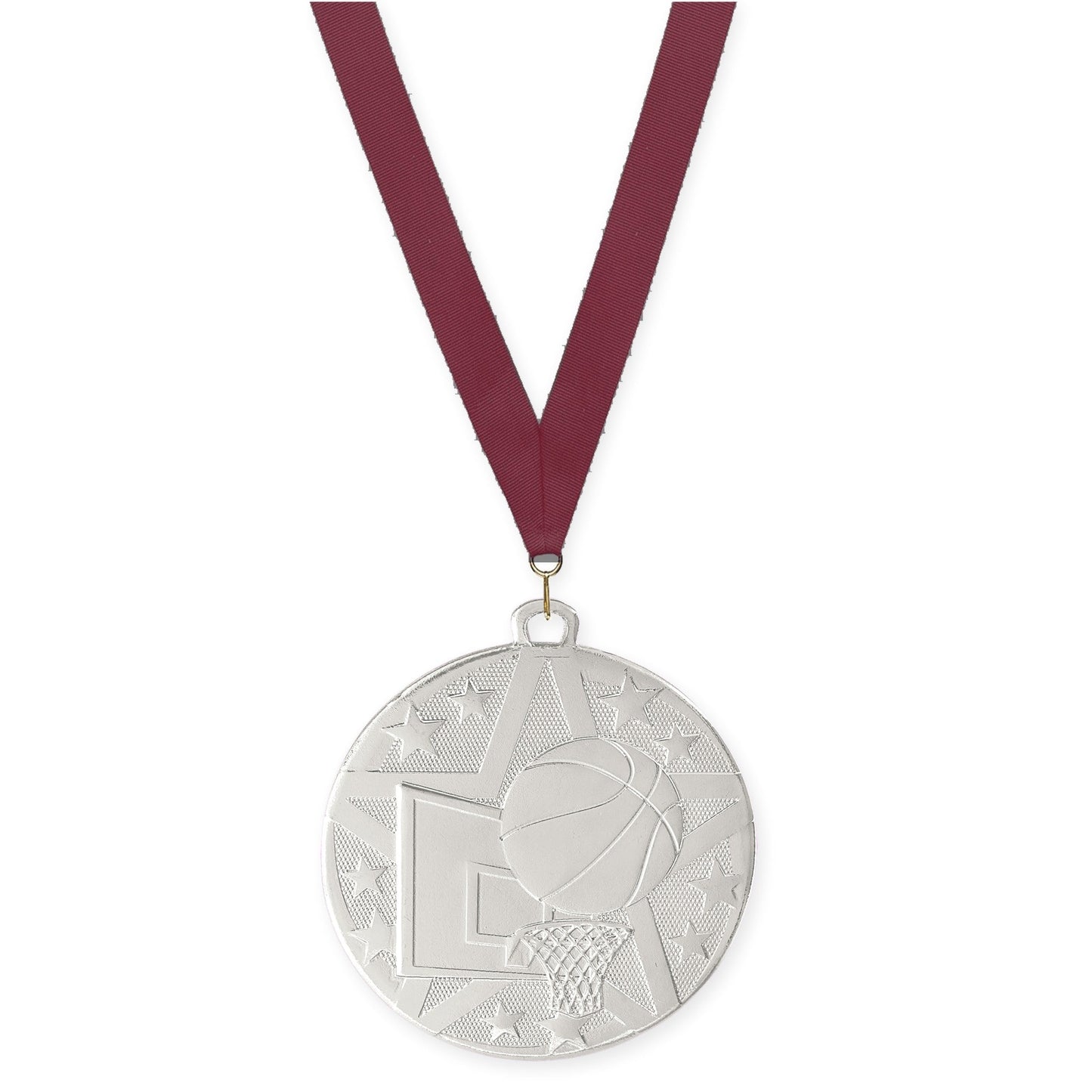 2 inch basketball Superstar medal in silver with Maroon neck ribbon