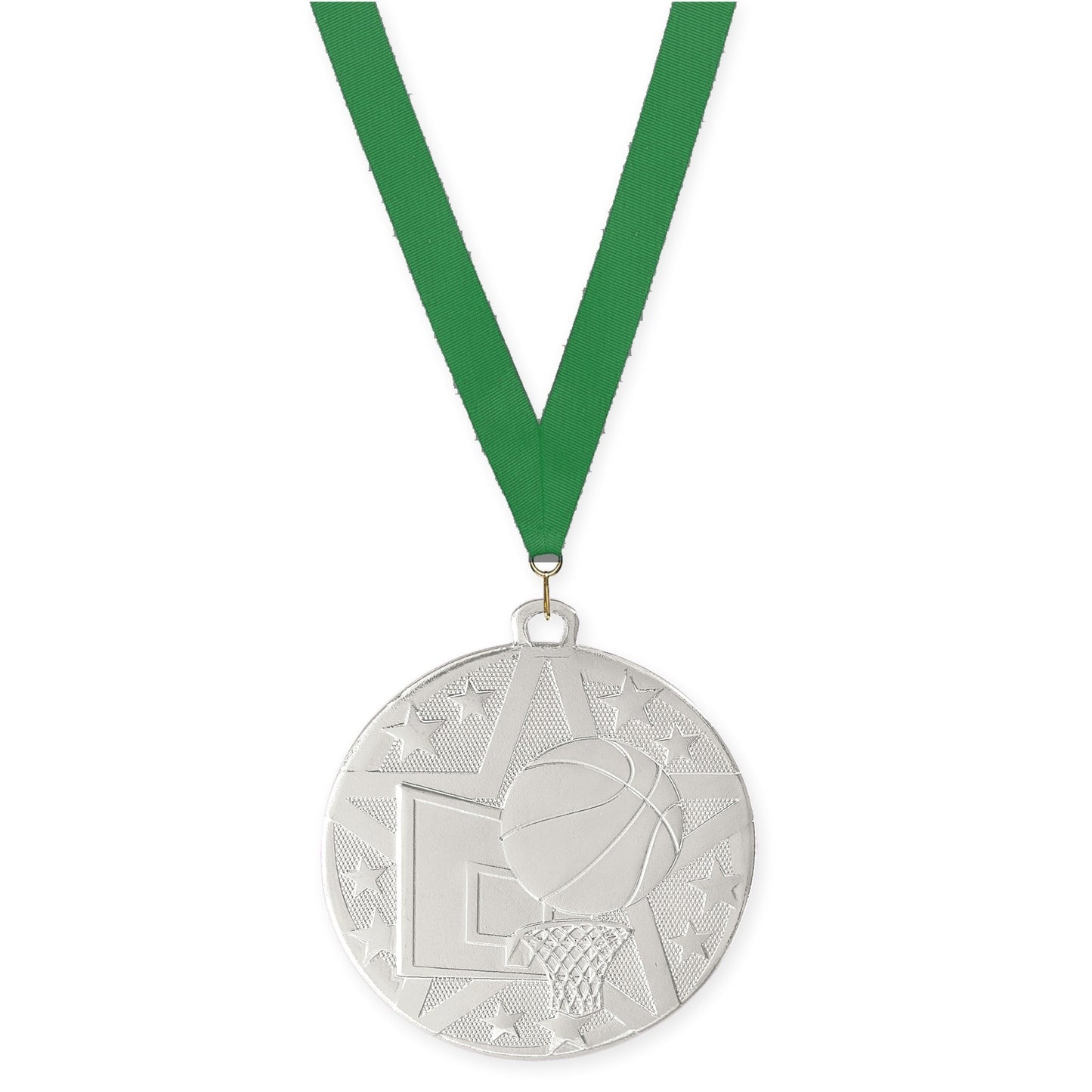 2 inch basketball Superstar medal in silver with Green neck ribbon