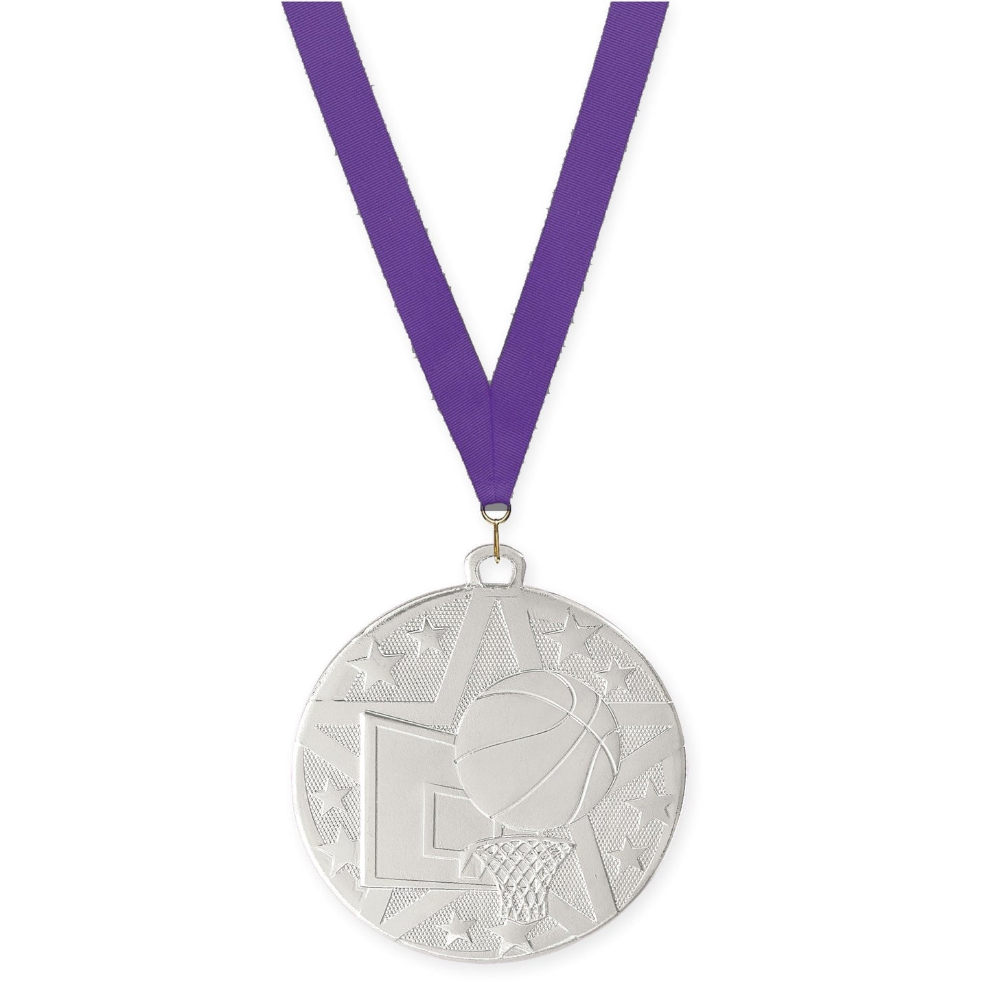 2 inch basketball Superstar medal in silver with Purple neck ribbon