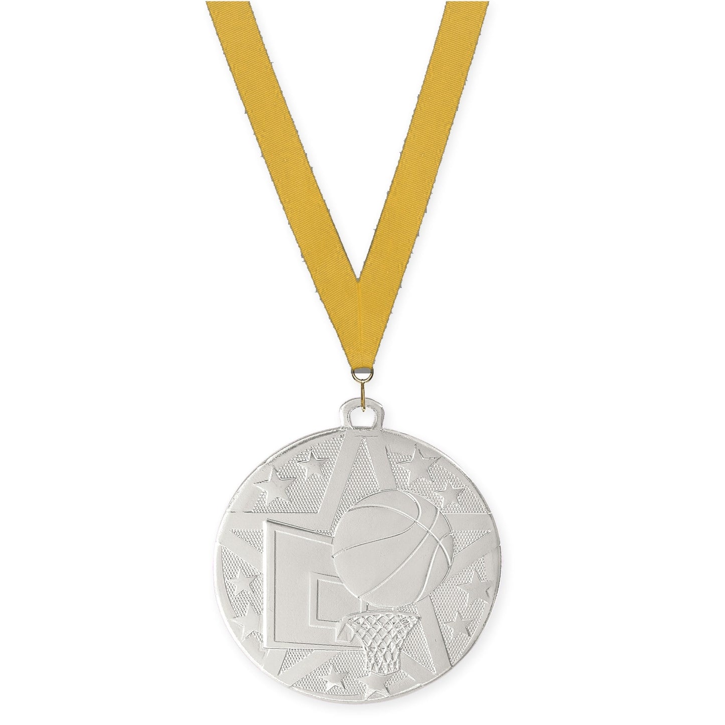 2 inch basketball Superstar medal in silver with Gold neck ribbon