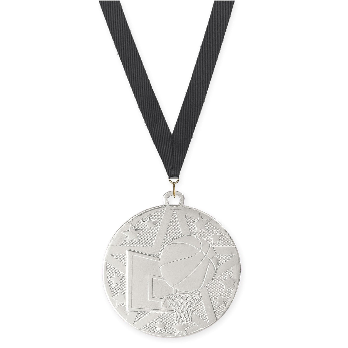 2 inch basketball Superstar medal in silver with Black neck ribbon