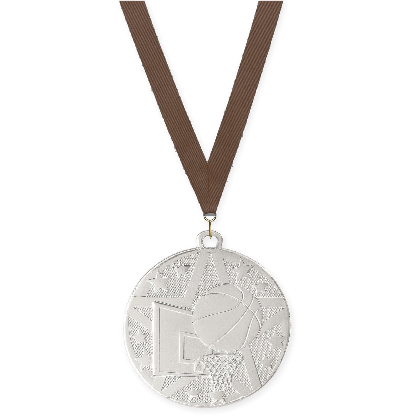 2 inch basketball Superstar medal in silver with Brown neck ribbon