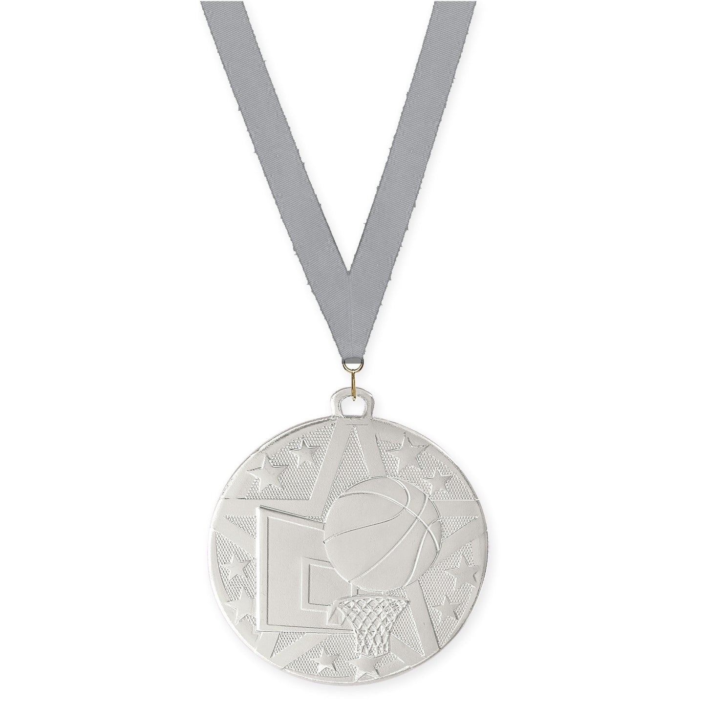2 inch basketball Superstar medal in silver with Gray neck ribbon