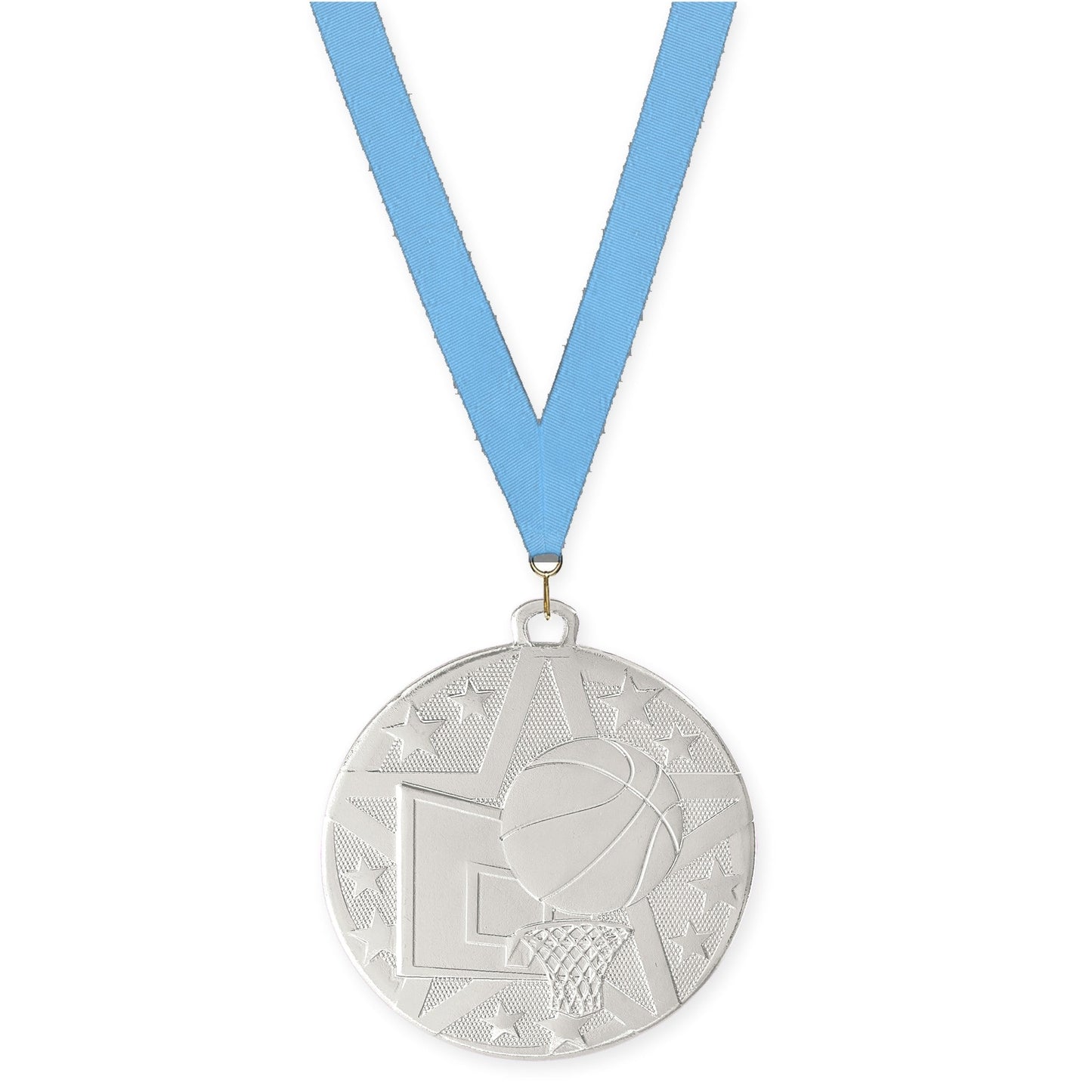 2 inch basketball Superstar medal in silver with Light Blue neck ribbon