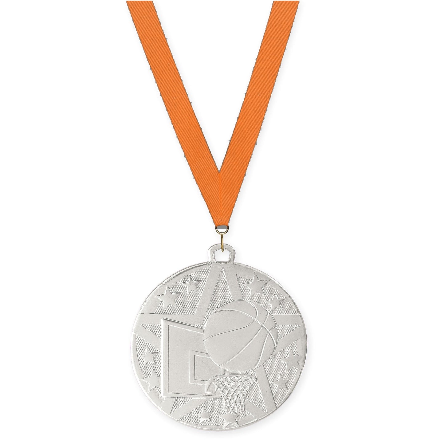 2 inch basketball Superstar medal in silver with Orange neck ribbon