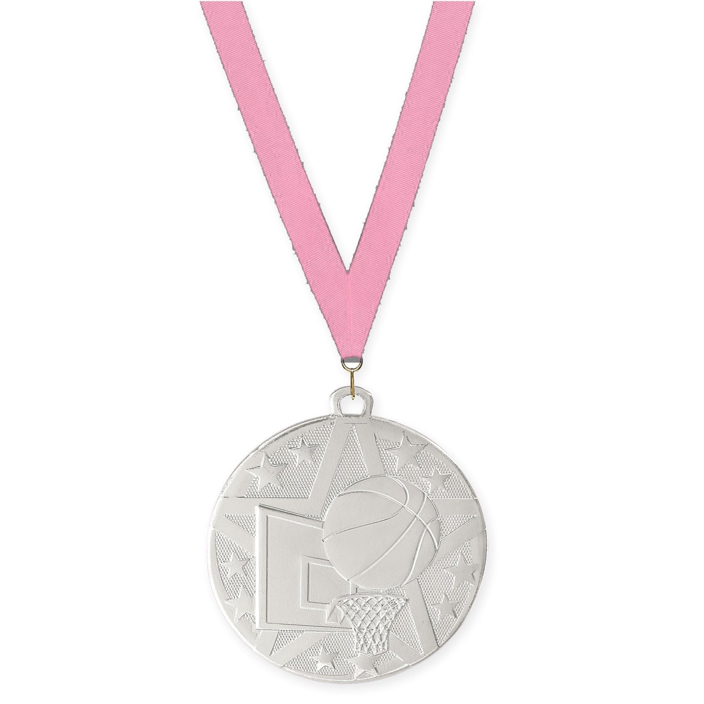 2 inch basketball Superstar medal in silver with Pink neck ribbon