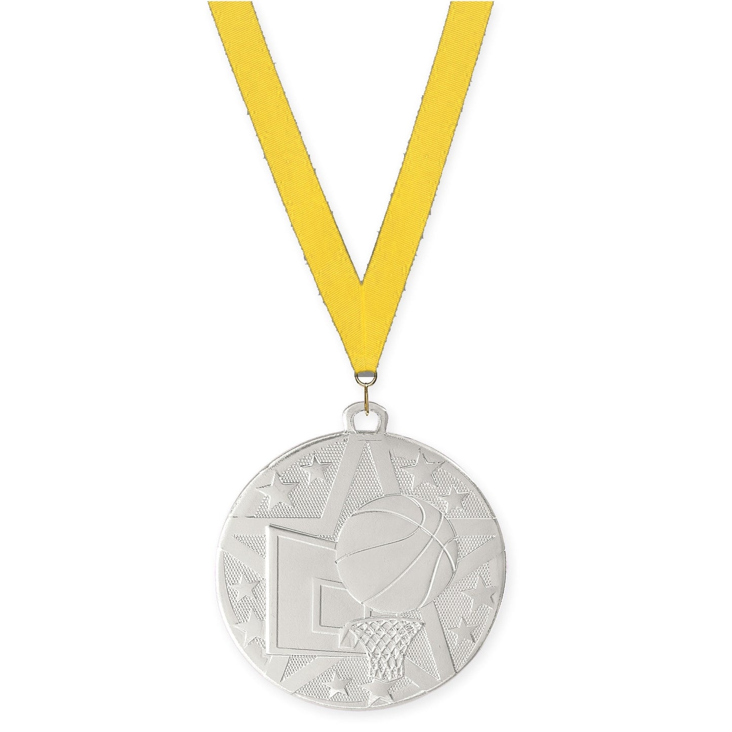 2 inch basketball Superstar medal in silver with Yellow neck ribbon