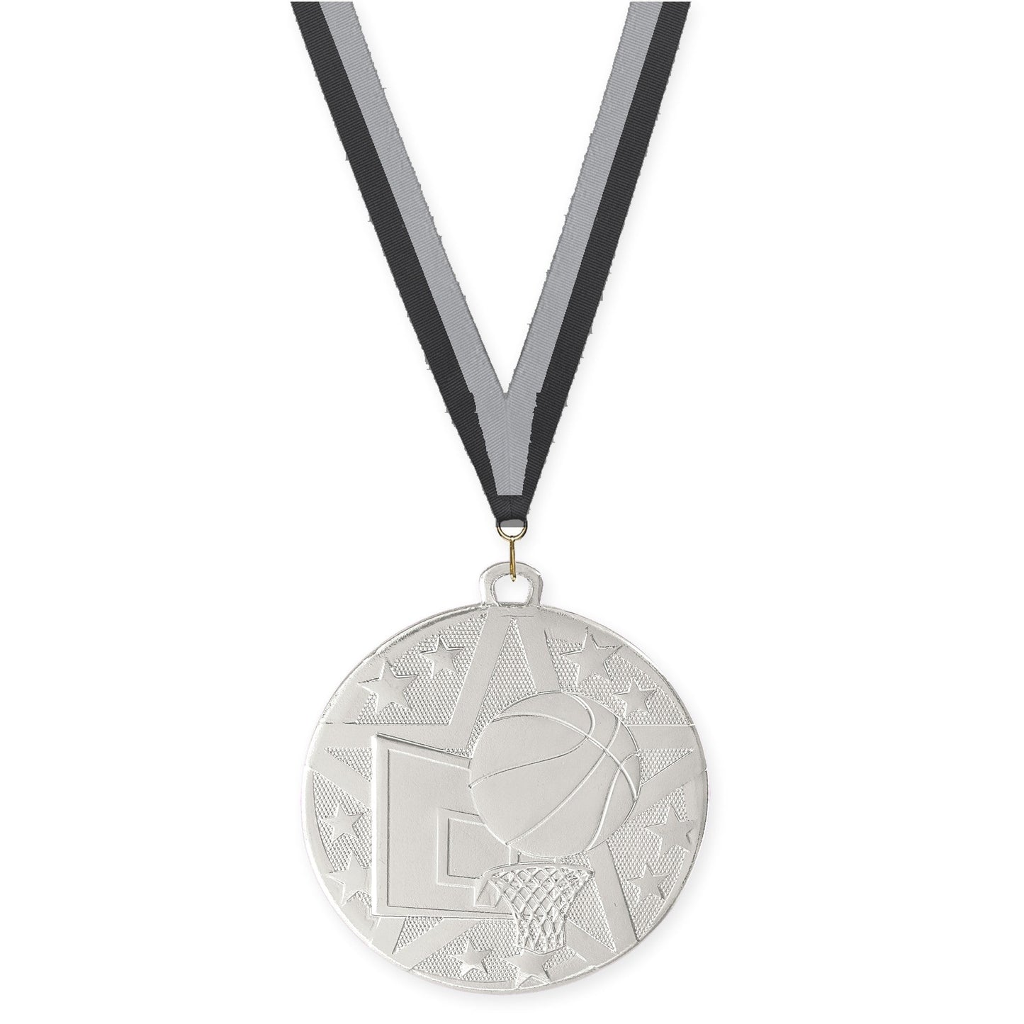 2 inch basketball Superstar medal in silver with Black Gray neck ribbon