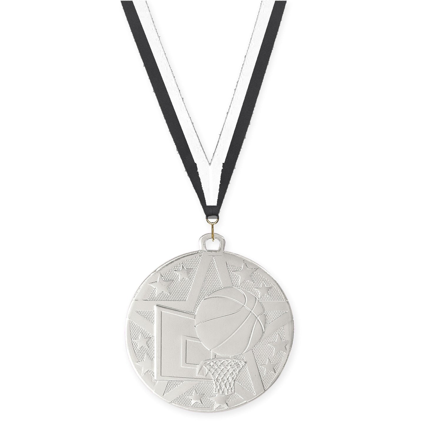 2 inch basketball Superstar medal in silver with Black White neck ribbon