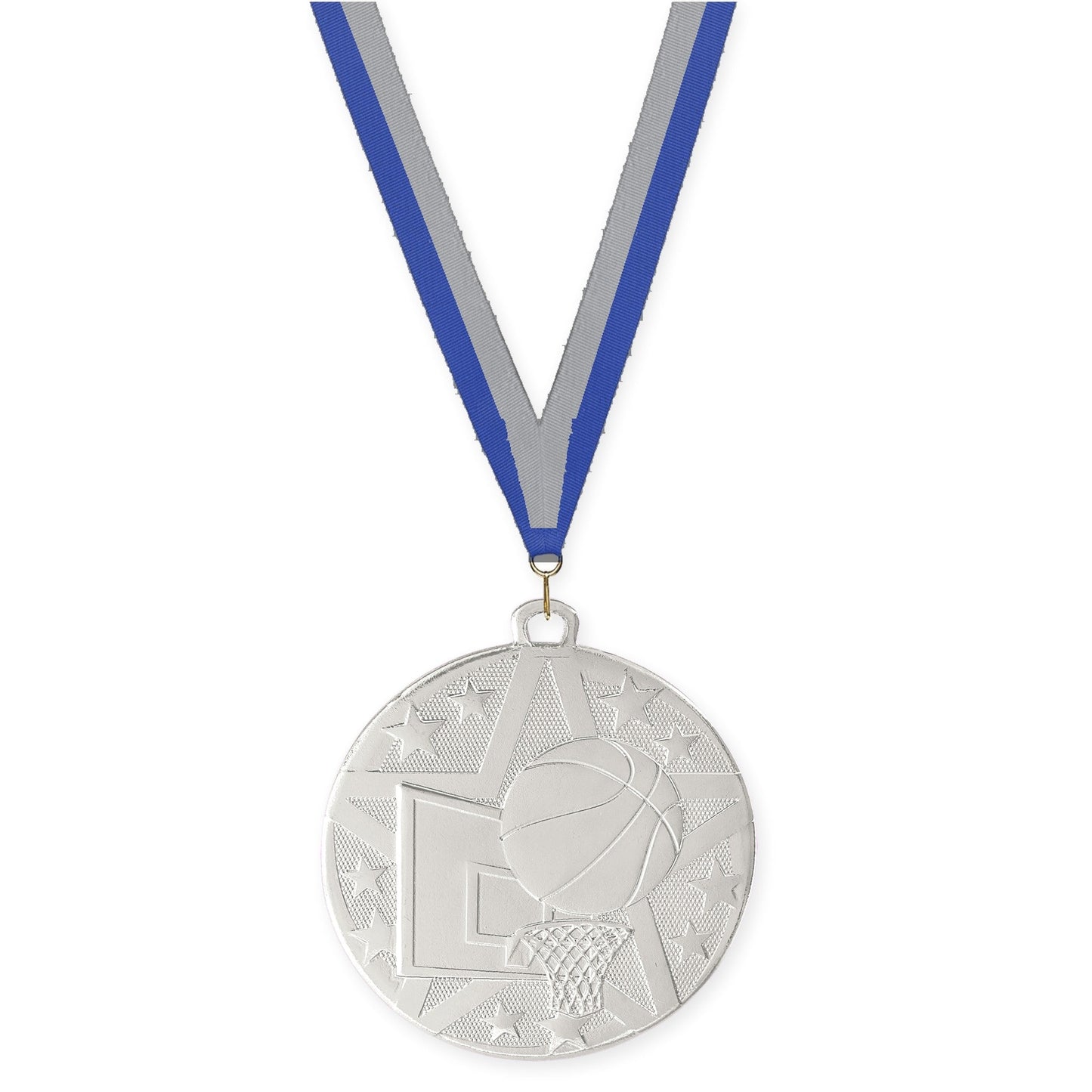 2 inch basketball Superstar medal in silver with Blue Gray neck ribbon