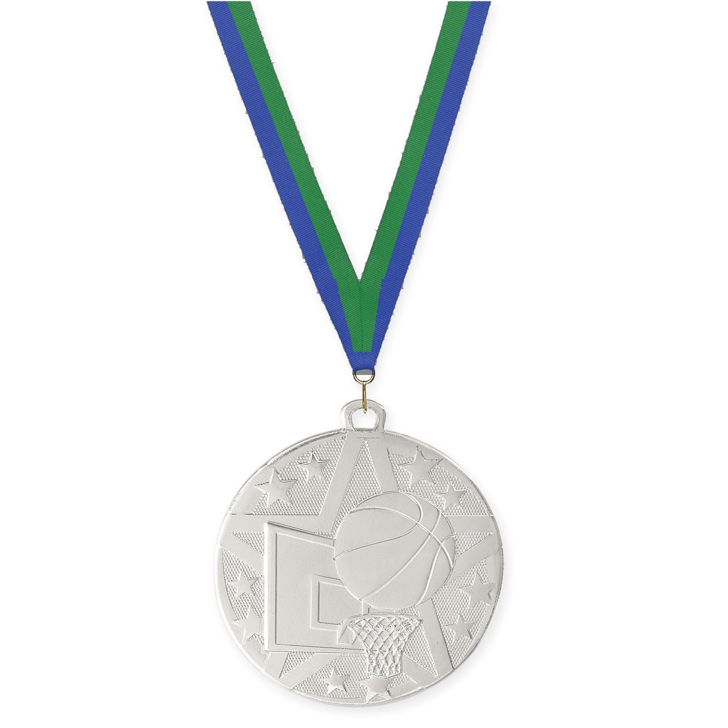 2 inch basketball Superstar medal in silver with Blue Green neck ribbon