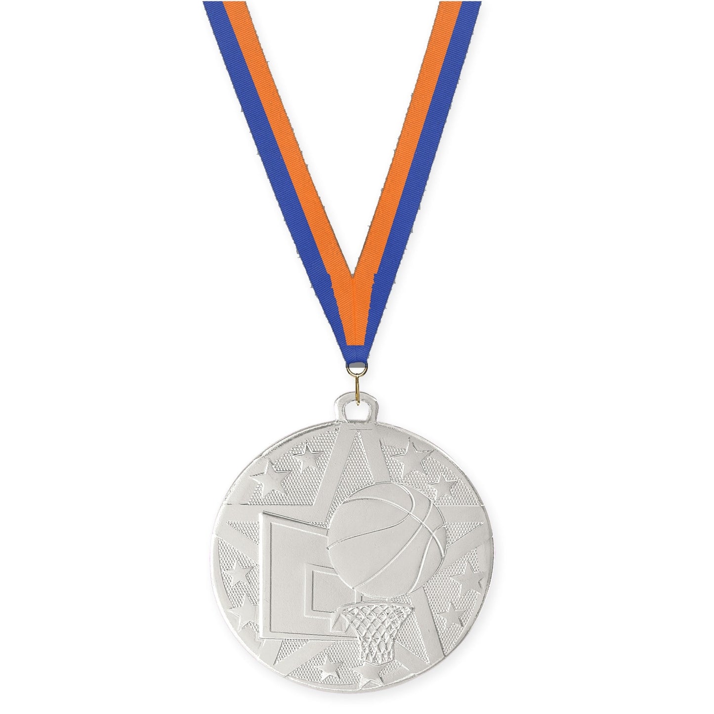 2 inch basketball Superstar medal in silver with Blue Orange neck ribbon
