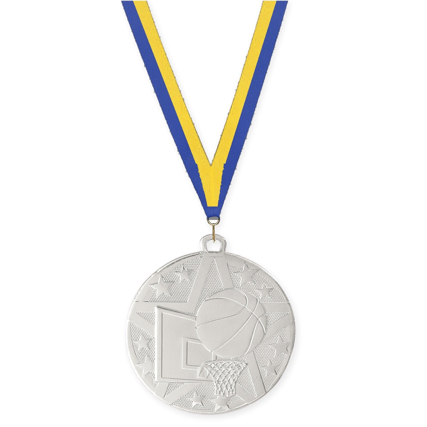 2 inch basketball Superstar medal in silver with Blue Yellow neck ribbon