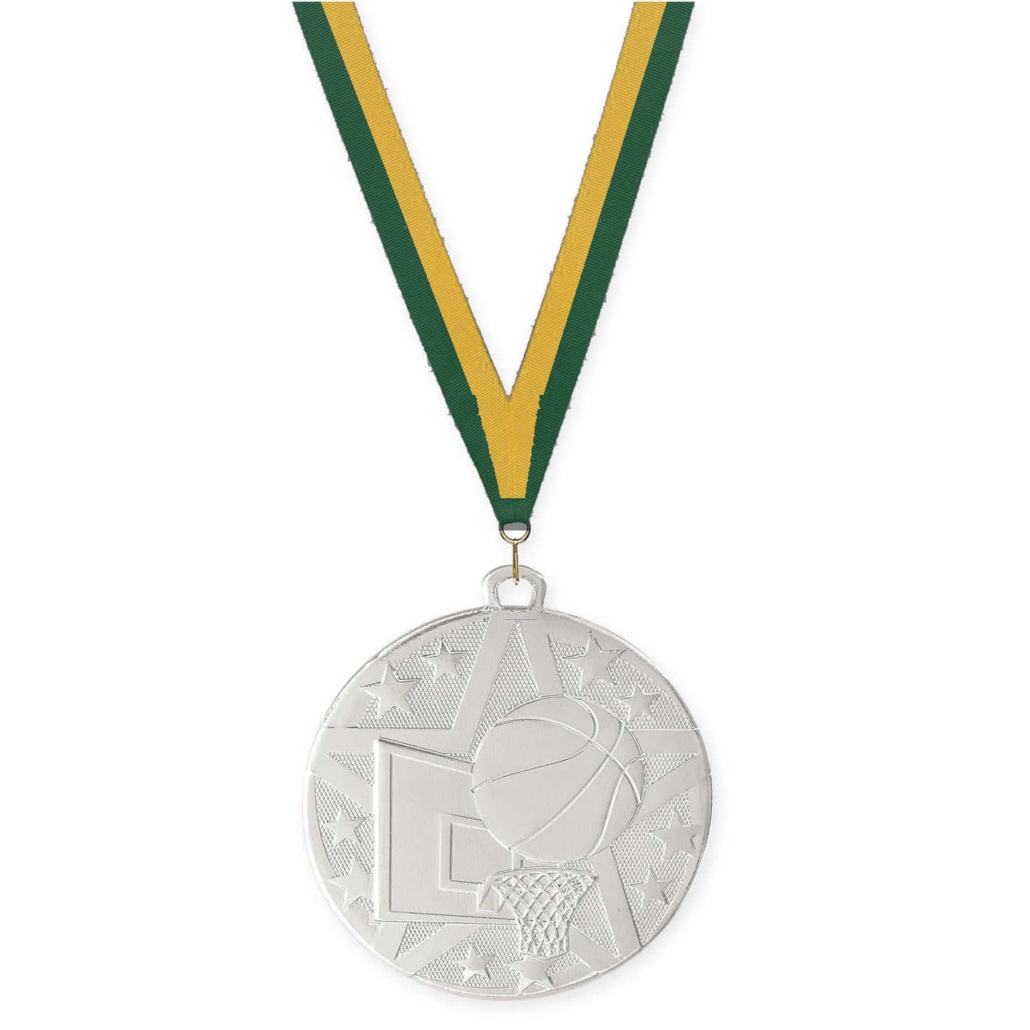 2 inch basketball Superstar medal in silver with Hunter Green Gold neck ribbon