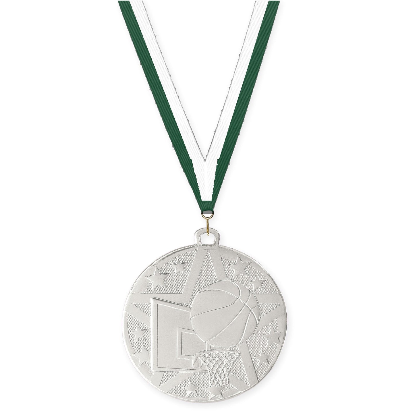 2 inch basketball Superstar medal in silver with Hunter Green White neck ribbon