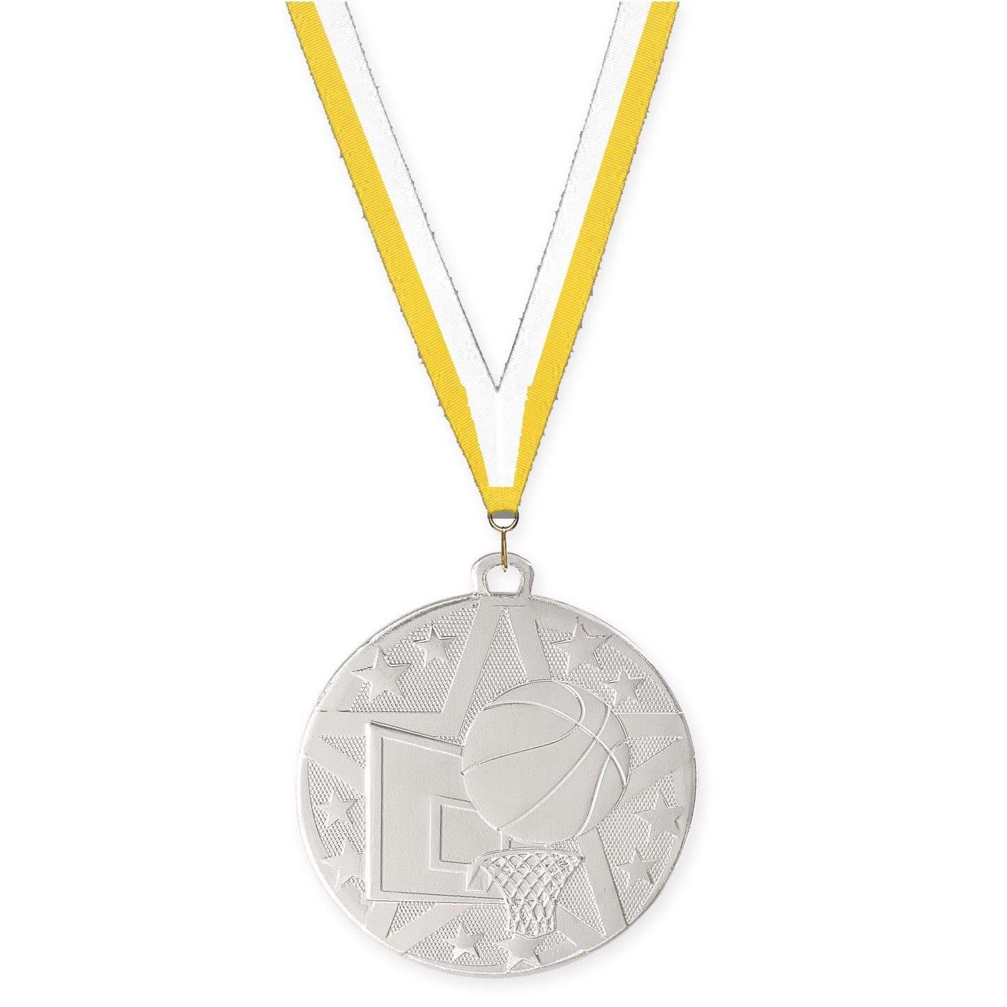 2 inch basketball Superstar medal in silver with Yellow White neck ribbon