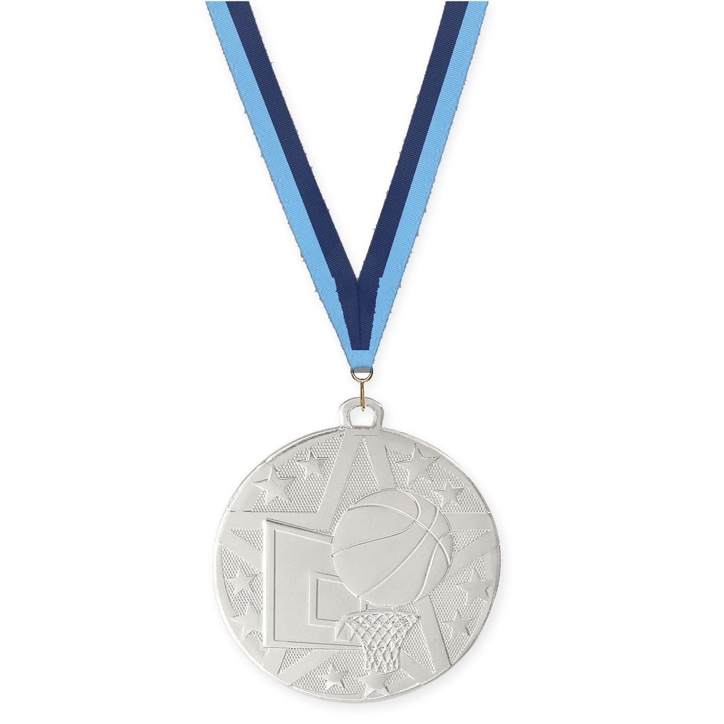 2 inch basketball Superstar medal in silver with Light Blue Navy neck ribbon