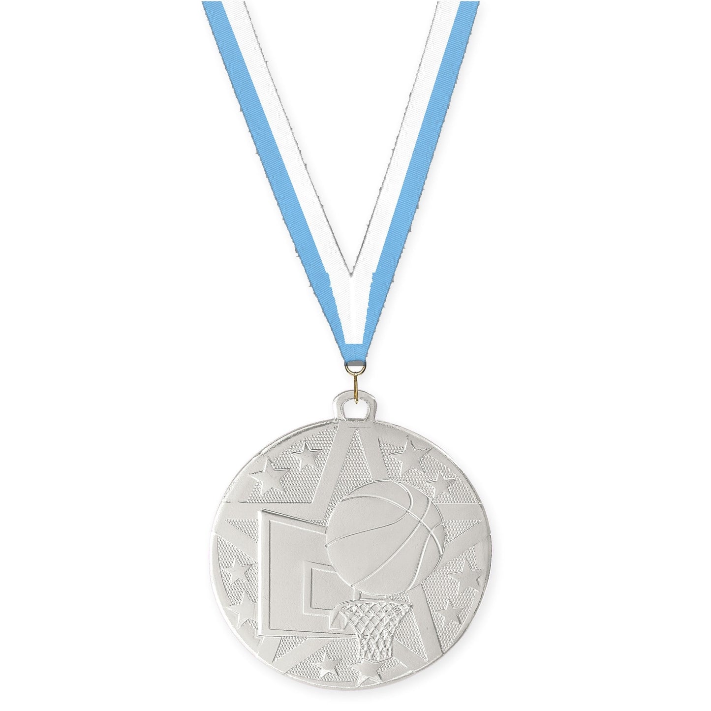 2 inch basketball Superstar medal in silver with Light Blue White neck ribbon