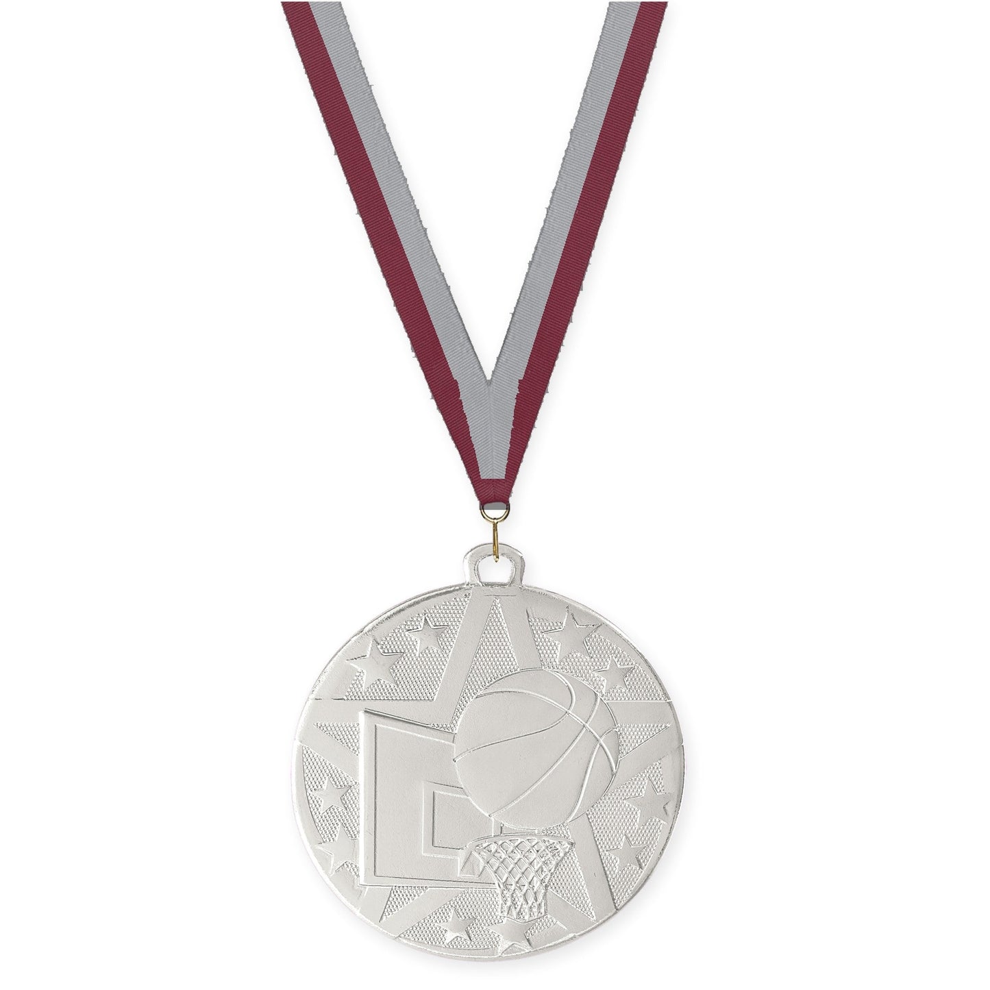 2 inch basketball Superstar medal in silver with Maroon Gray neck ribbon