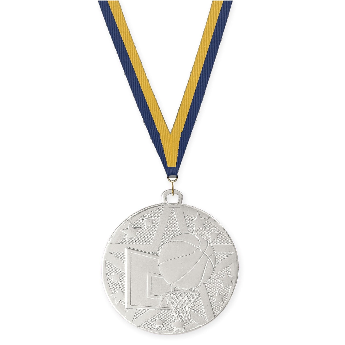 2 inch basketball Superstar medal in silver with Navy Gold neck ribbon
