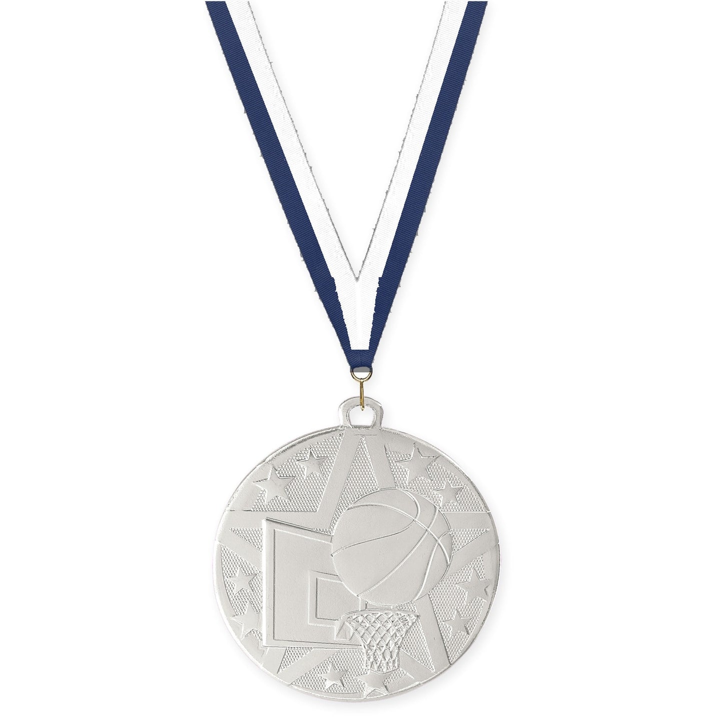 2 inch basketball Superstar medal in silver with Navy White neck ribbon