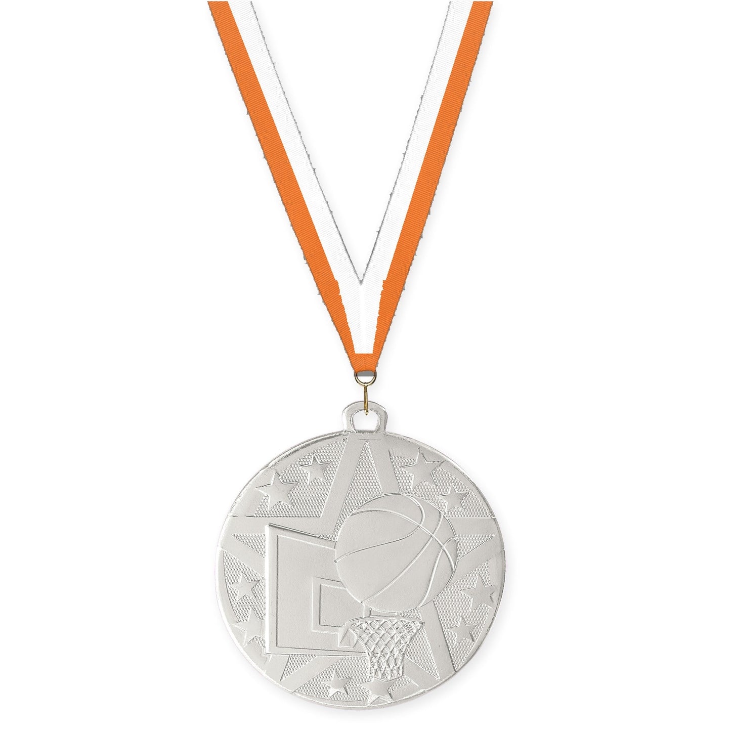 2 inch basketball Superstar medal in silver with Orange White neck ribbon