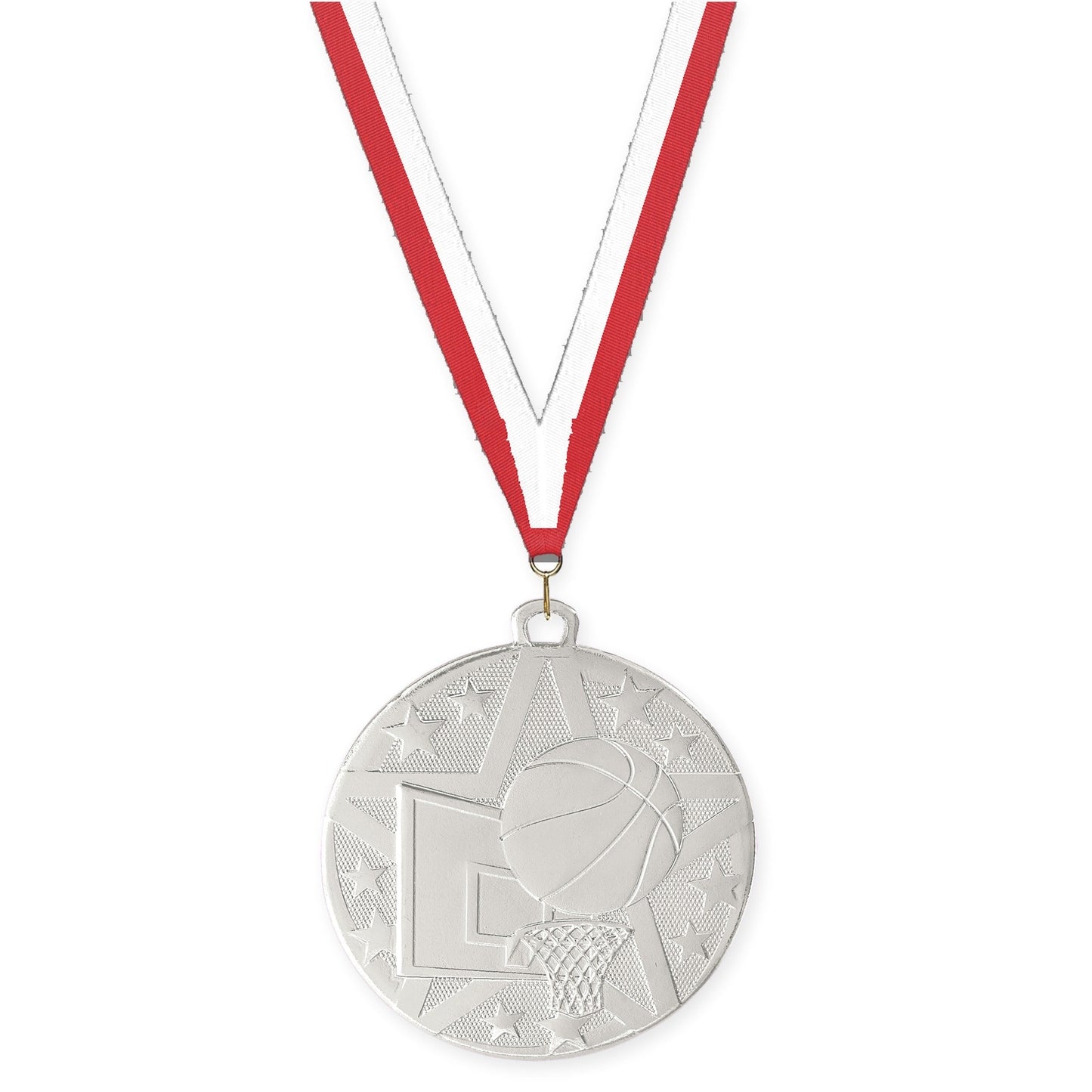 2 inch basketball Superstar medal in silver with Red White neck ribbon