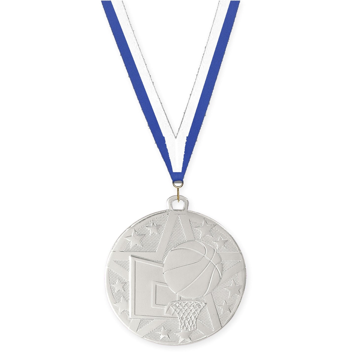 2 inch basketball Superstar medal in silver with Blue White neck ribbon