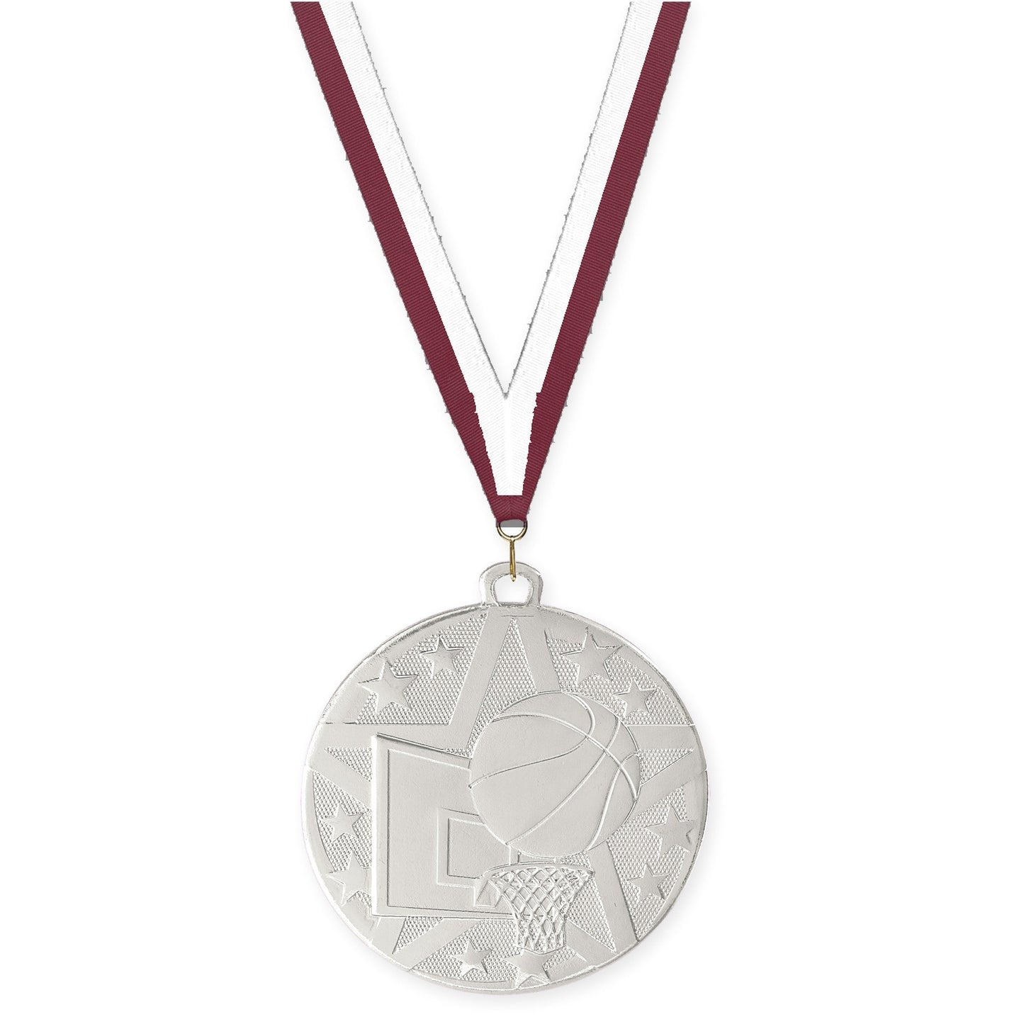 2 inch basketball Superstar medal in silver with Maroon White neck ribbon