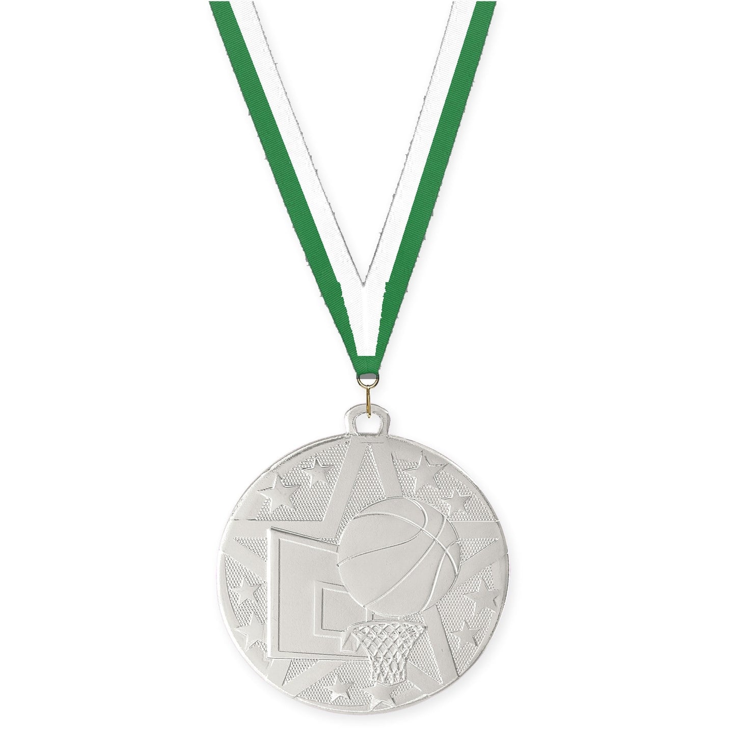 2 inch basketball Superstar medal in silver with Green White neck ribbon