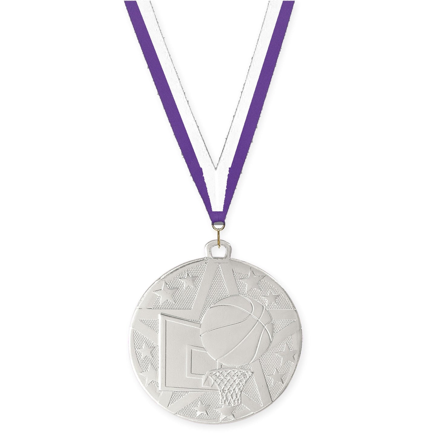 2 inch basketball Superstar medal in silver with Purple White neck ribbon