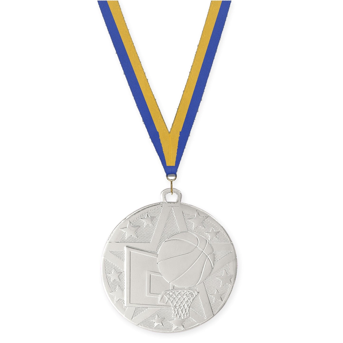 2 inch basketball Superstar medal in silver with Blue Gold neck ribbon