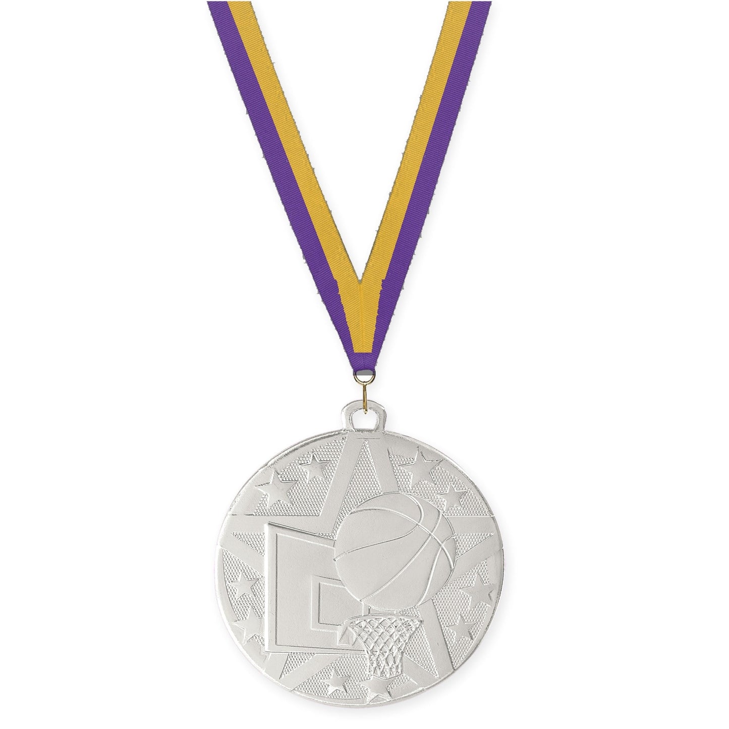 2 inch basketball Superstar medal in silver with Purple Gold neck ribbon