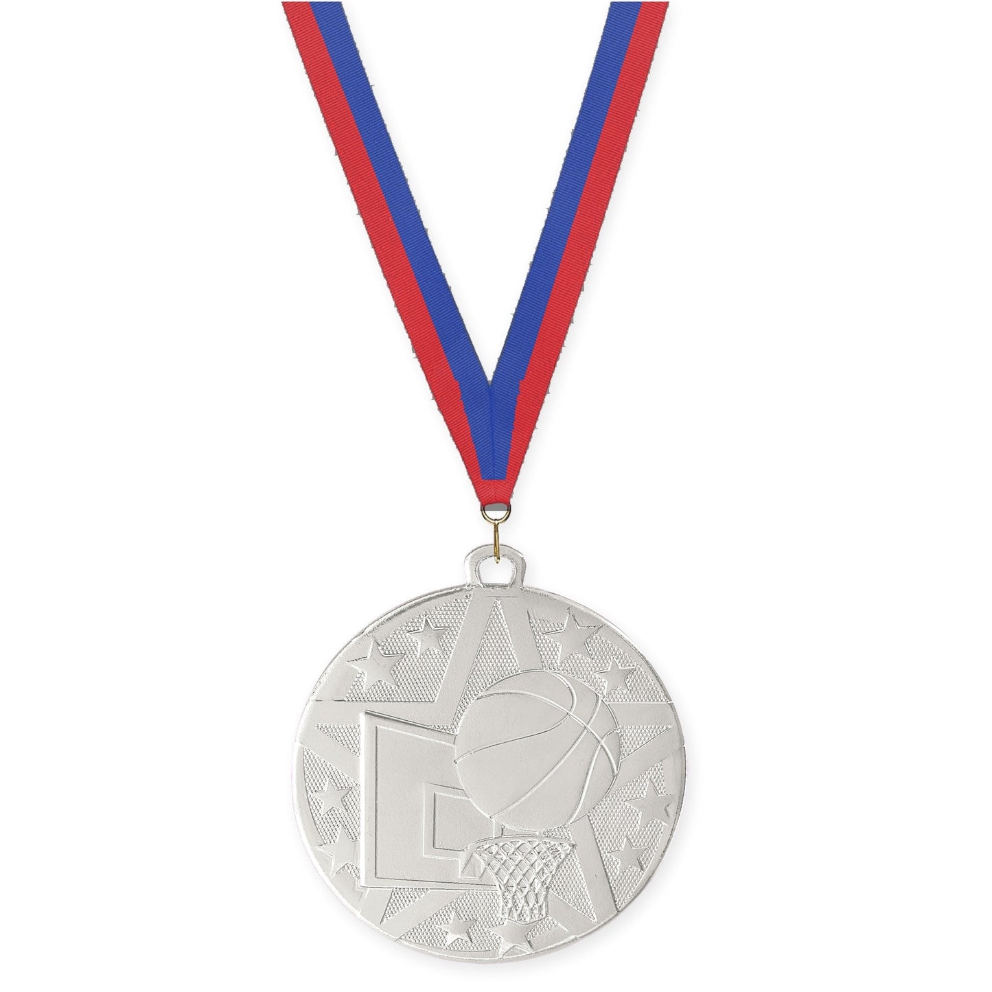 2 inch basketball Superstar medal in silver with Blue Red neck ribbon