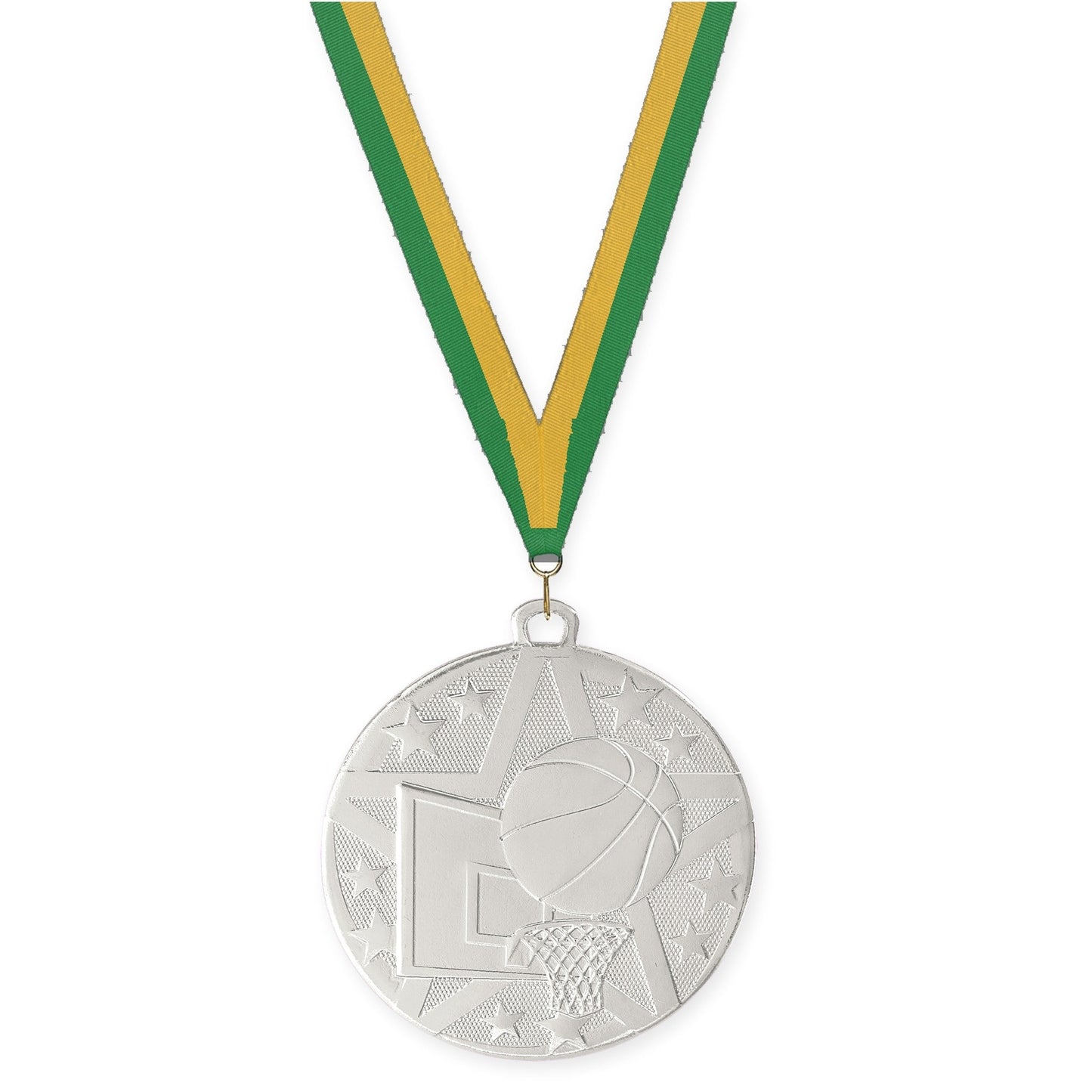 2 inch basketball Superstar medal in silver with Green Gold neck ribbon