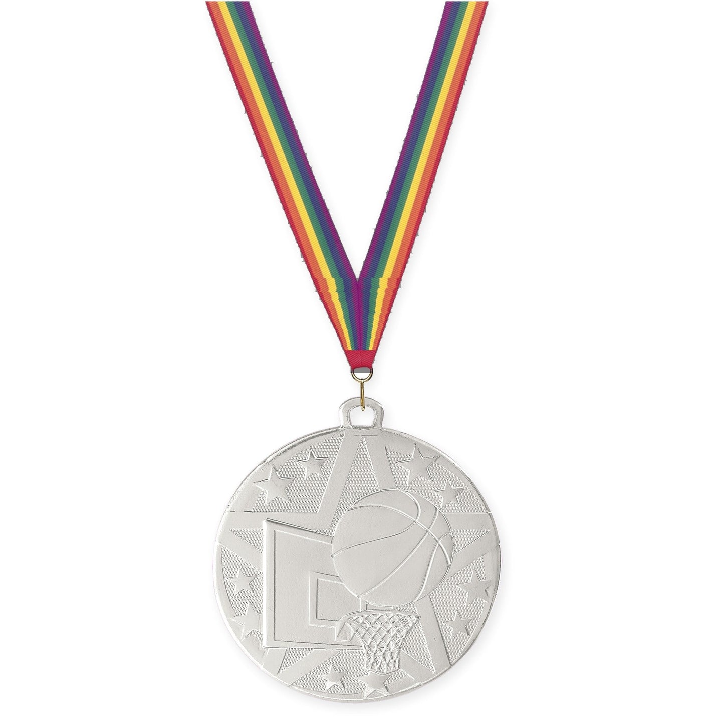 2 inch basketball Superstar medal in silver with Rainbow neck ribbon